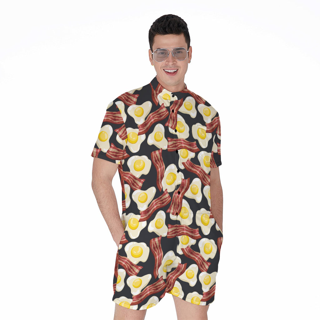 Black Fried Egg And Bacon Pattern Print Men's Rompers