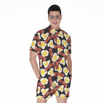 Black Fried Egg And Bacon Pattern Print Men's Rompers