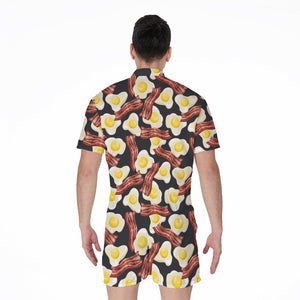 Black Fried Egg And Bacon Pattern Print Men's Rompers