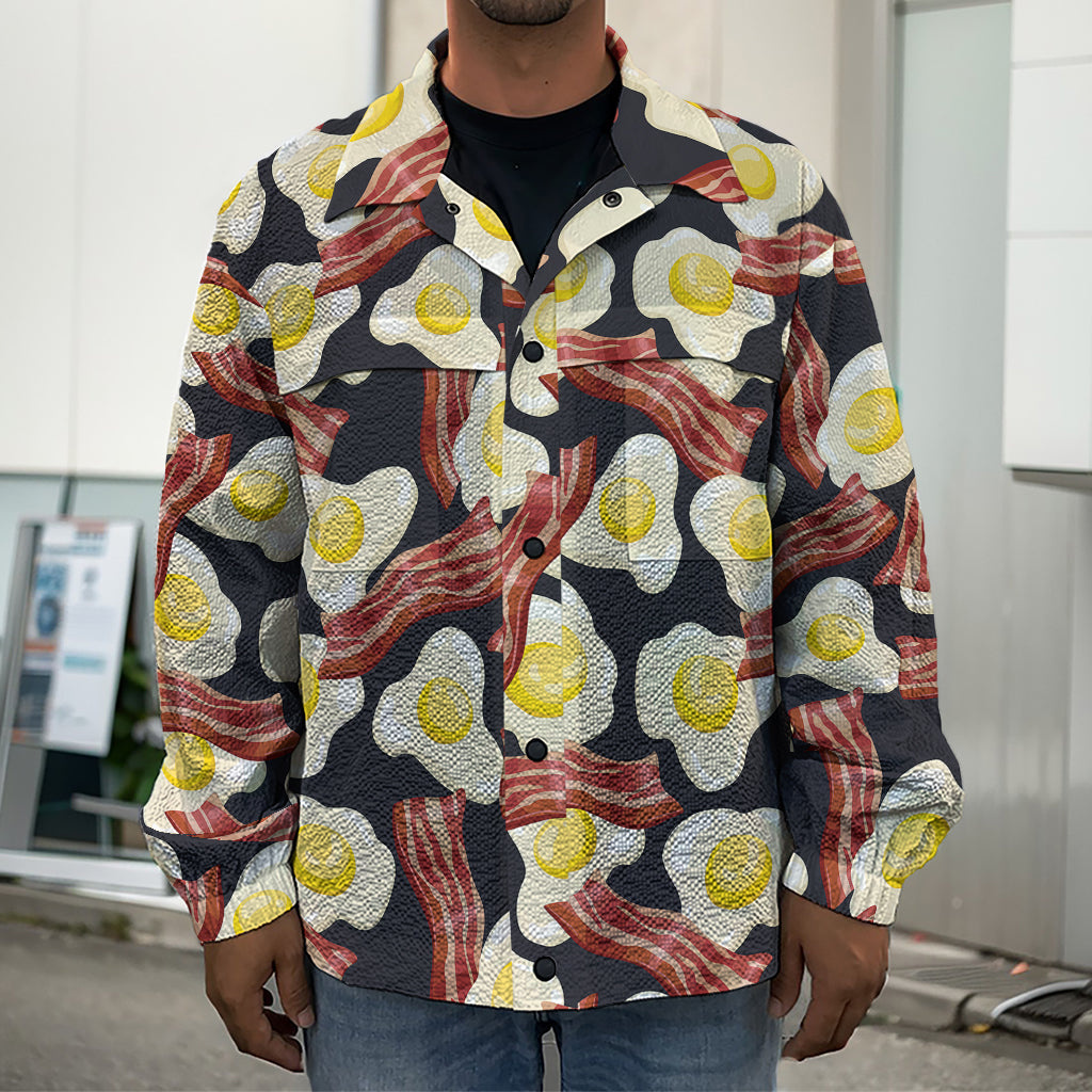 Black Fried Egg And Bacon Pattern Print Men's Shirt Jacket