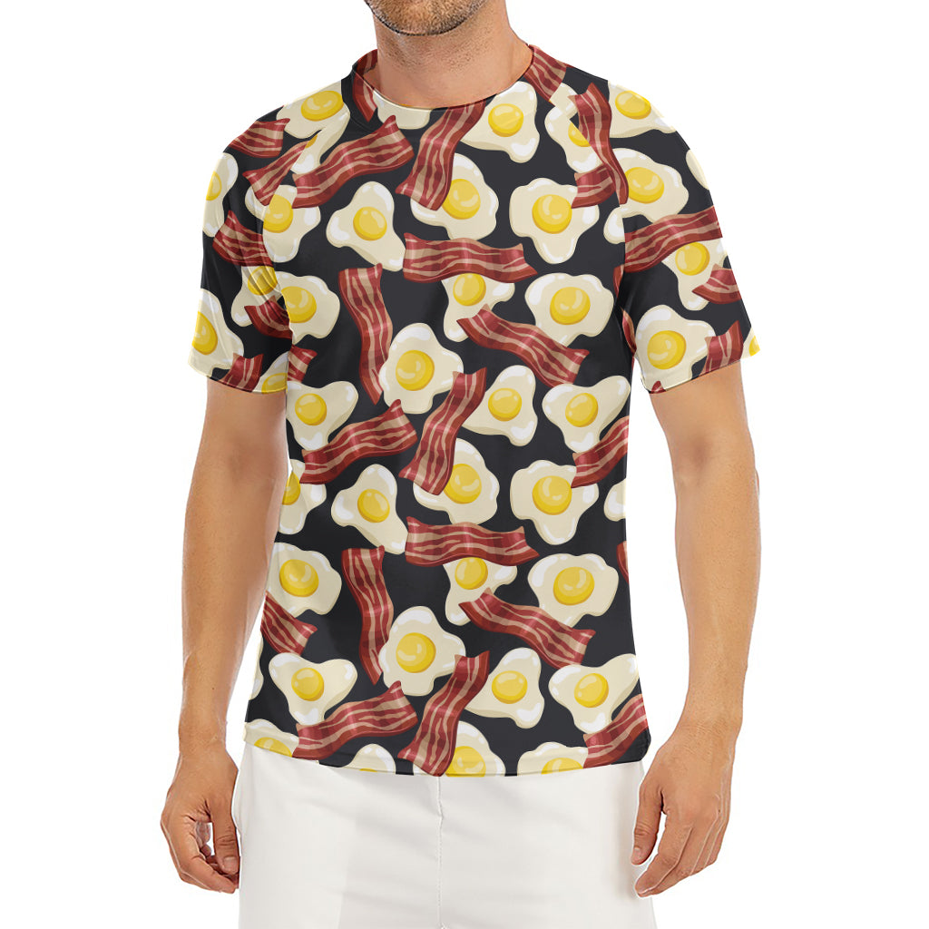 Black Fried Egg And Bacon Pattern Print Men's Short Sleeve Rash Guard