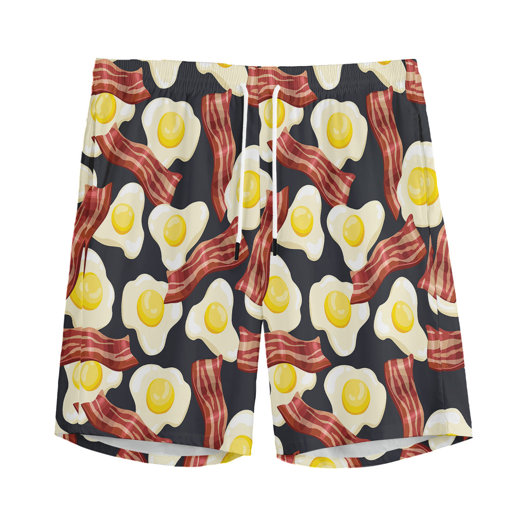 Black Fried Egg And Bacon Pattern Print Men's Sports Shorts