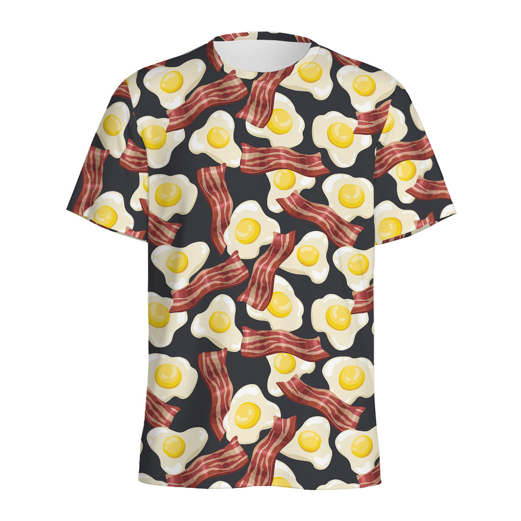 Black Fried Egg And Bacon Pattern Print Men's Sports T-Shirt