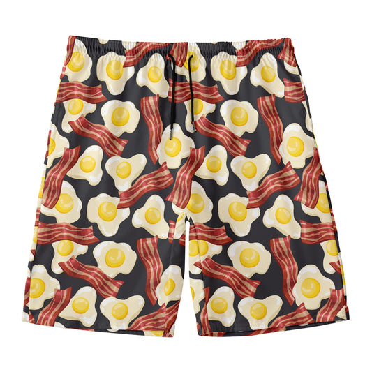 Black Fried Egg And Bacon Pattern Print Men's Swim Trunks