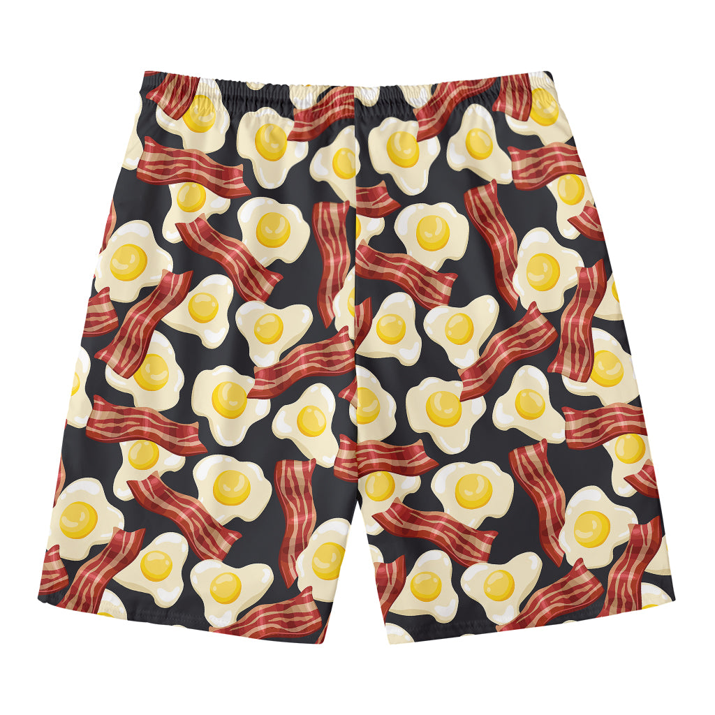 Black Fried Egg And Bacon Pattern Print Men's Swim Trunks