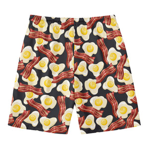 Black Fried Egg And Bacon Pattern Print Men's Swim Trunks