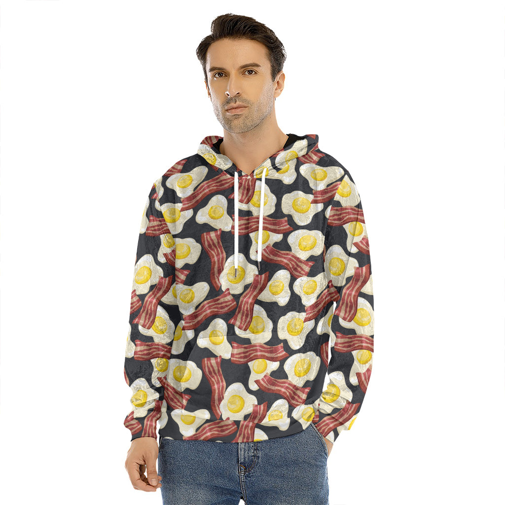 Black Fried Egg And Bacon Pattern Print Men's Velvet Pullover Hoodie