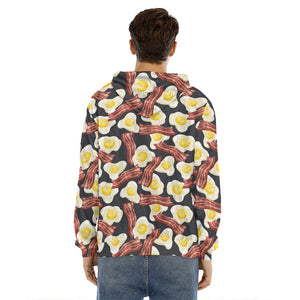 Black Fried Egg And Bacon Pattern Print Men's Velvet Pullover Hoodie