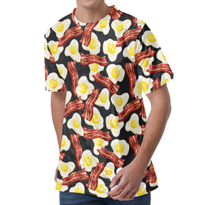 Black Fried Egg And Bacon Pattern Print Men's Velvet T-Shirt