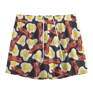 Black Fried Egg And Bacon Pattern Print Mesh Shorts