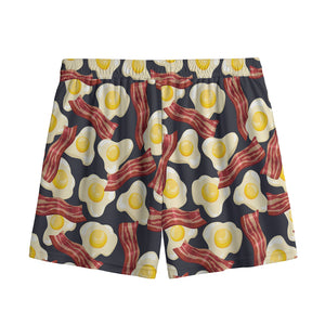 Black Fried Egg And Bacon Pattern Print Mesh Shorts