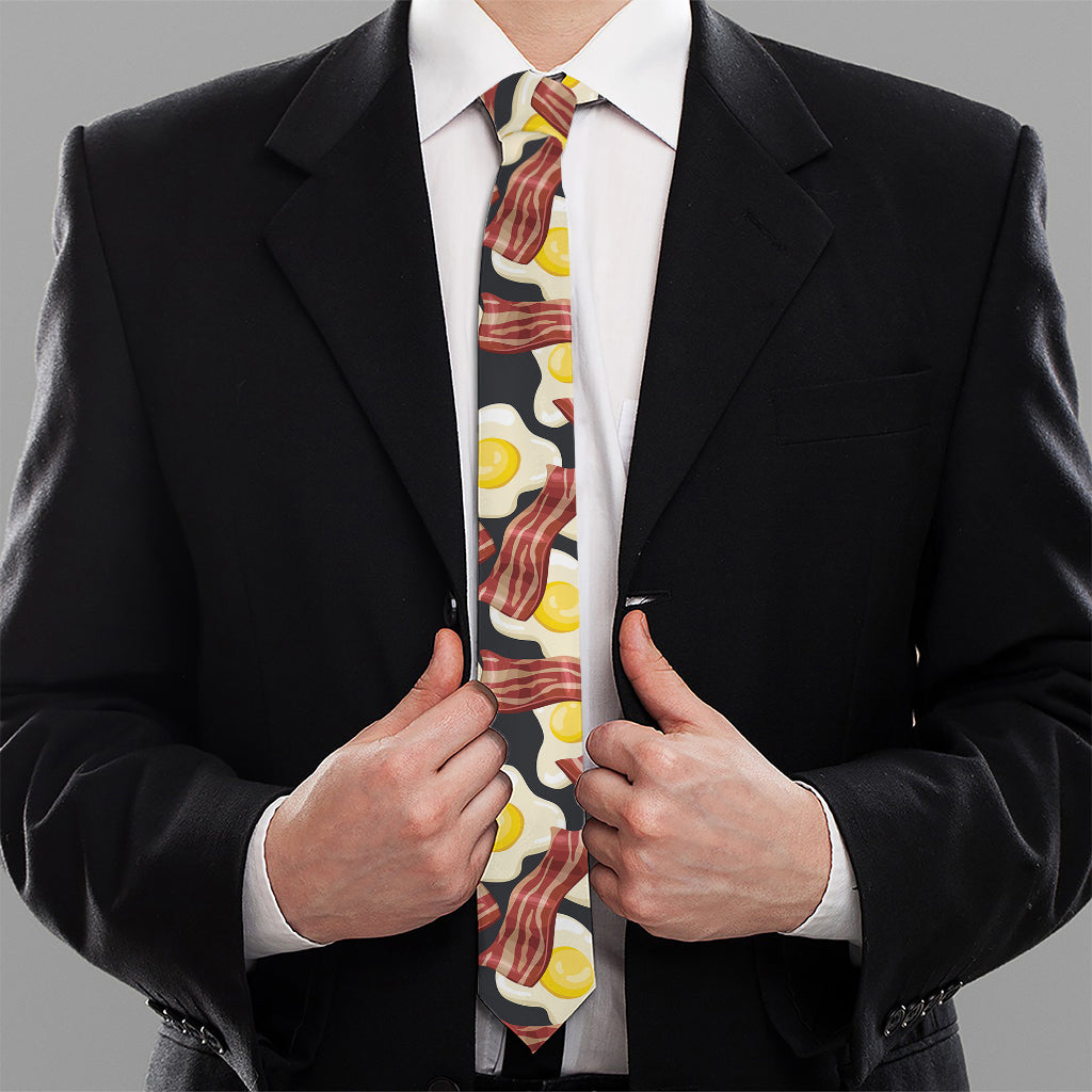 Black Fried Egg And Bacon Pattern Print Necktie