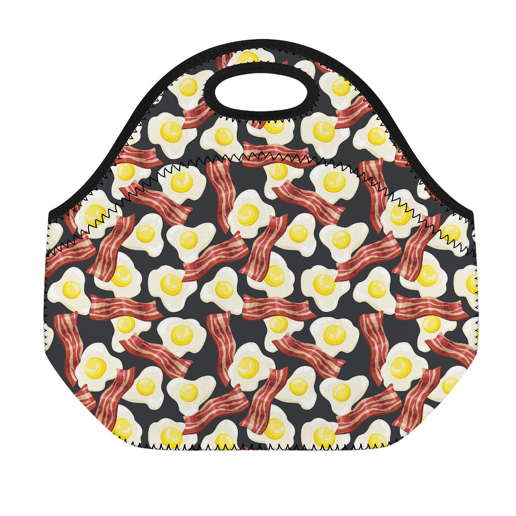 Black Fried Egg And Bacon Pattern Print Neoprene Lunch Bag