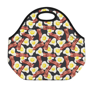 Black Fried Egg And Bacon Pattern Print Neoprene Lunch Bag