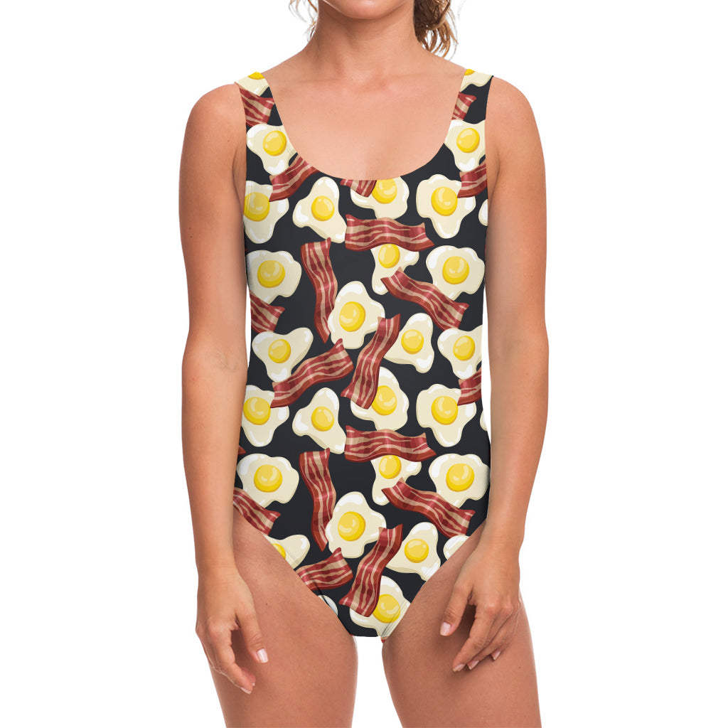 Black Fried Egg And Bacon Pattern Print One Piece Swimsuit