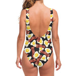 Black Fried Egg And Bacon Pattern Print One Piece Swimsuit