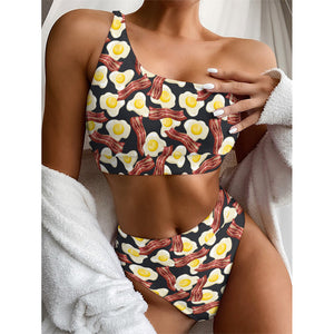 Black Fried Egg And Bacon Pattern Print One Shoulder Bikini Top