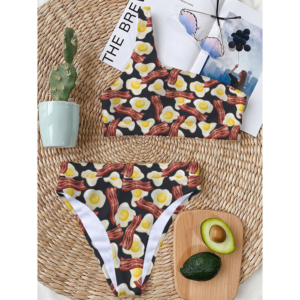 Black Fried Egg And Bacon Pattern Print One Shoulder Bikini Top