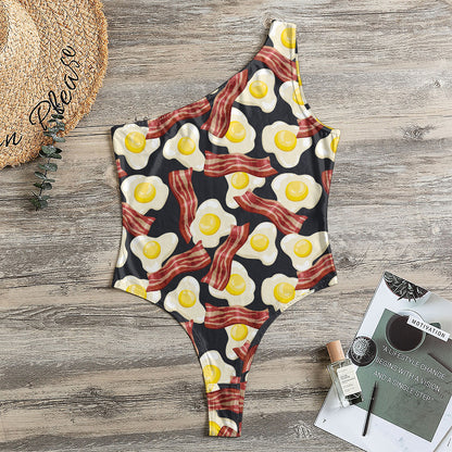 Black Fried Egg And Bacon Pattern Print One Shoulder Bodysuit