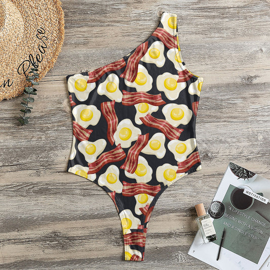 Black Fried Egg And Bacon Pattern Print One Shoulder Bodysuit