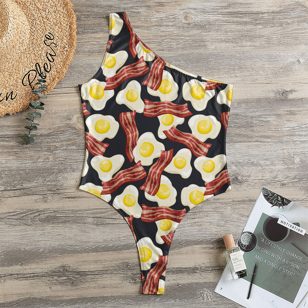 Black Fried Egg And Bacon Pattern Print One Shoulder Bodysuit