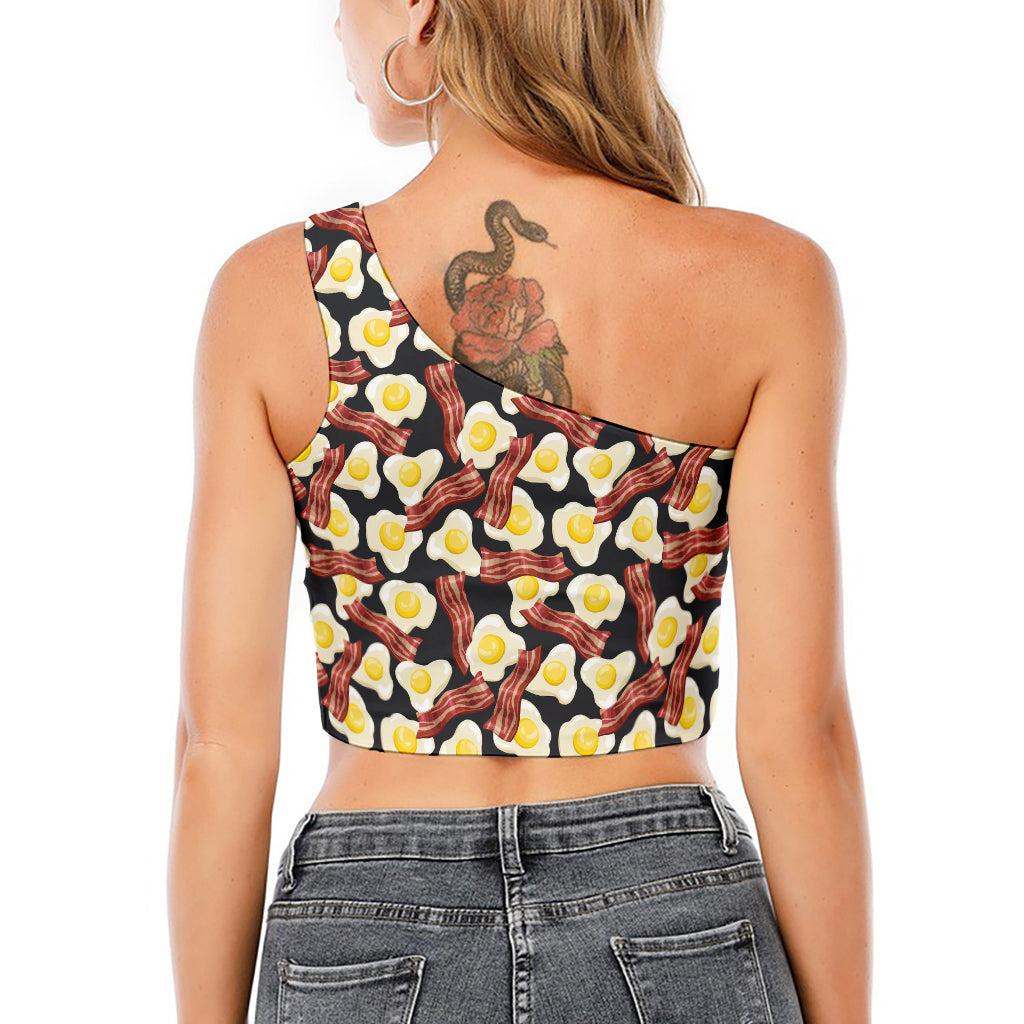 Black Fried Egg And Bacon Pattern Print One Shoulder Crop Top