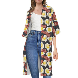 Black Fried Egg And Bacon Pattern Print Open Front Beach Cover Up