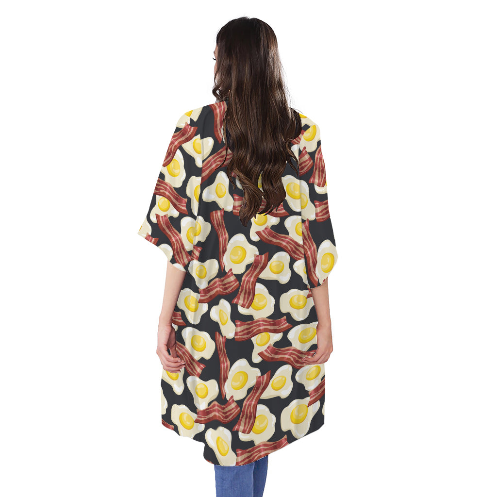 Black Fried Egg And Bacon Pattern Print Open Front Beach Cover Up