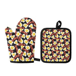 Black Fried Egg And Bacon Pattern Print Oven Mitt And Pot Holder Set