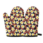 Black Fried Egg And Bacon Pattern Print Oven Mitts