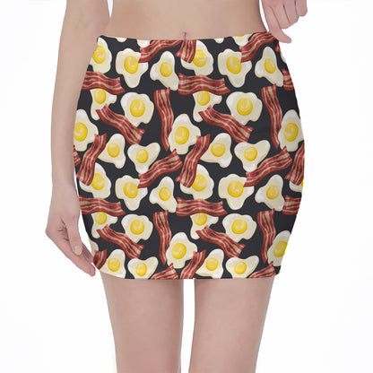 Black Fried Egg And Bacon Pattern Print Pencil Mini Skirt