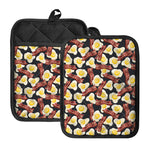 Black Fried Egg And Bacon Pattern Print Pot Holders With Pocket