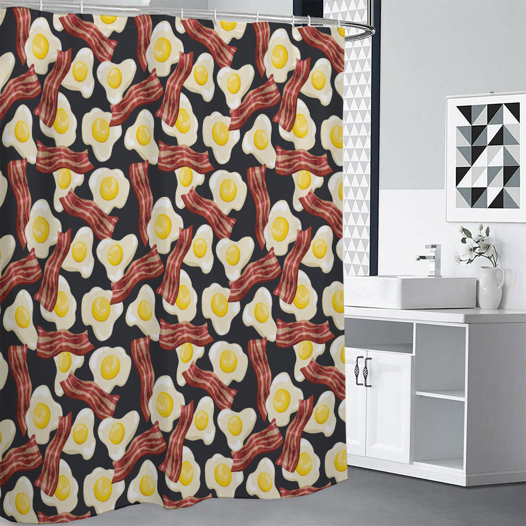 Black Fried Egg And Bacon Pattern Print Premium Shower Curtain