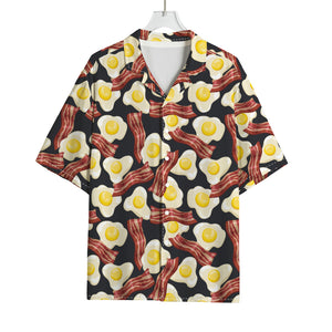 Black Fried Egg And Bacon Pattern Print Rayon Hawaiian Shirt