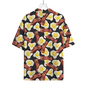 Black Fried Egg And Bacon Pattern Print Rayon Hawaiian Shirt