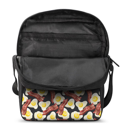 Black Fried Egg And Bacon Pattern Print Rectangular Crossbody Bag