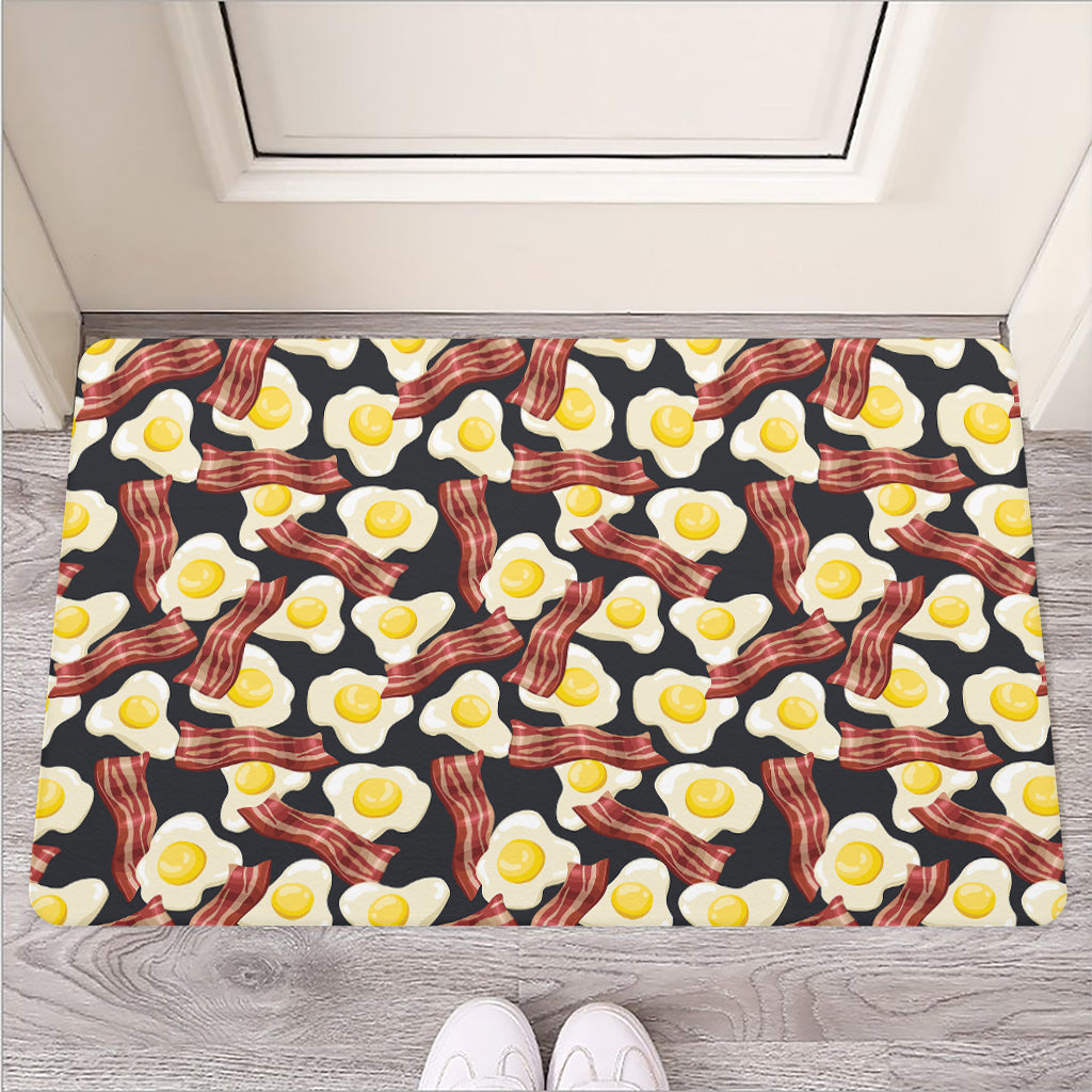 Black Fried Egg And Bacon Pattern Print Rubber Doormat