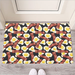 Black Fried Egg And Bacon Pattern Print Rubber Doormat