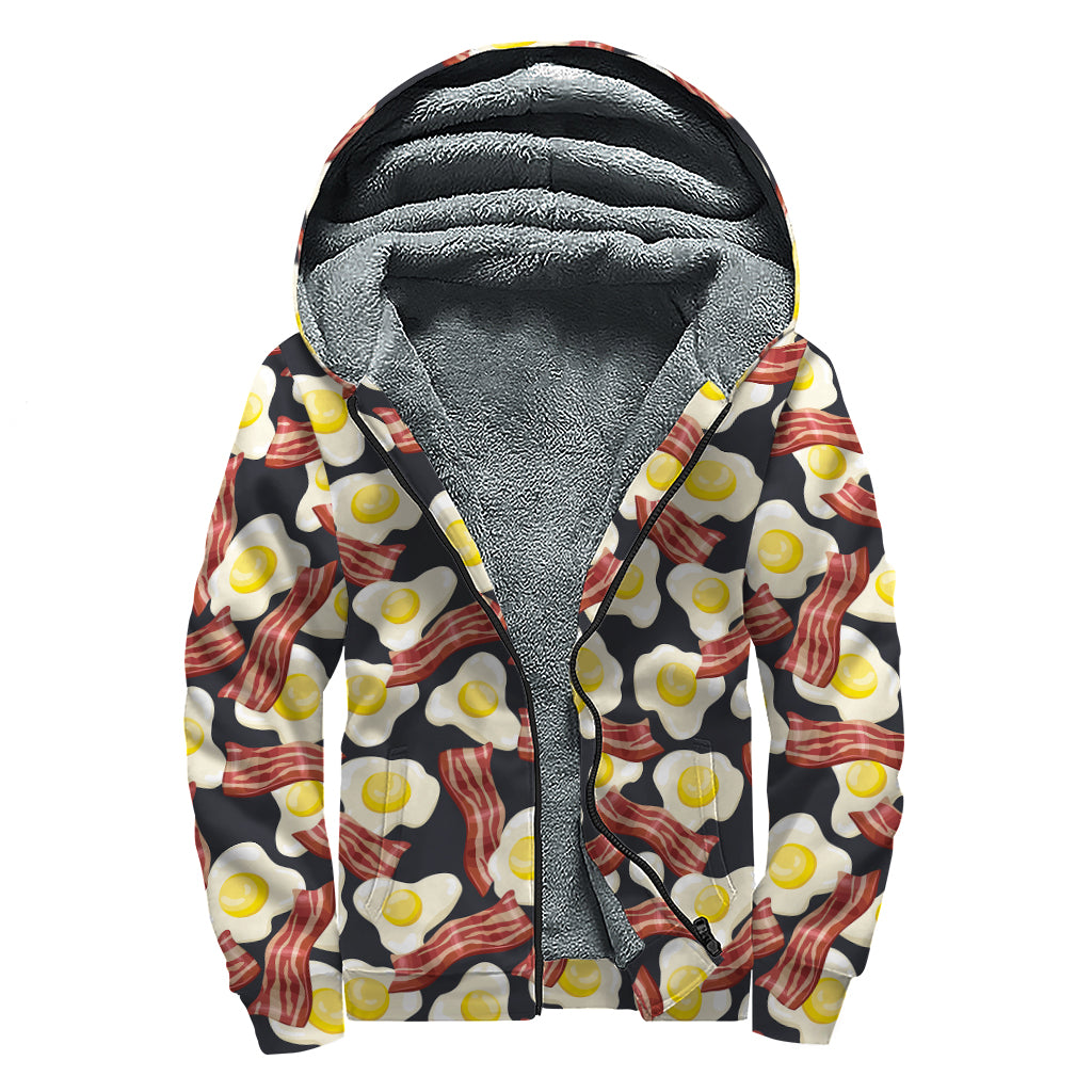 Black Fried Egg And Bacon Pattern Print Sherpa Lined Zip Up Hoodie