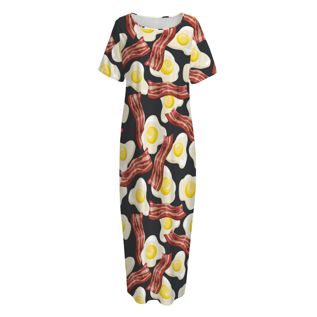 Black Fried Egg And Bacon Pattern Print Short Sleeve Long Nightdress