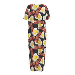 Black Fried Egg And Bacon Pattern Print Short Sleeve Long Nightdress