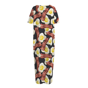 Black Fried Egg And Bacon Pattern Print Short Sleeve Long Nightdress