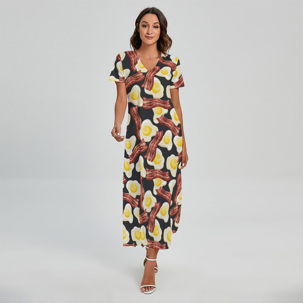 Black Fried Egg And Bacon Pattern Print Short Sleeve Maxi Dress