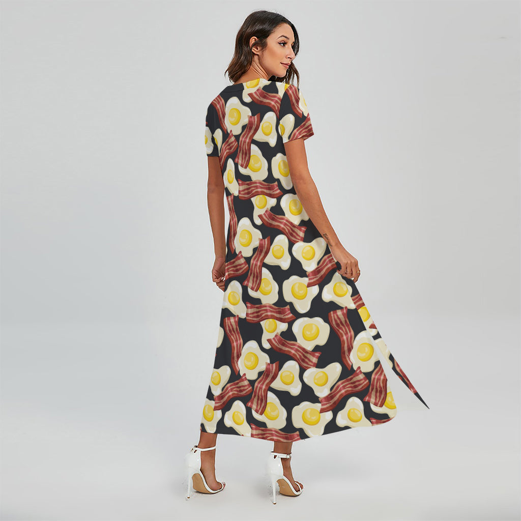 Black Fried Egg And Bacon Pattern Print Short Sleeve Maxi Dress