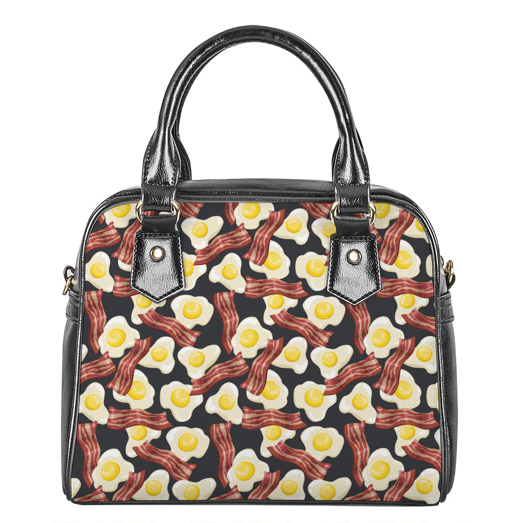 Black Fried Egg And Bacon Pattern Print Shoulder Handbag