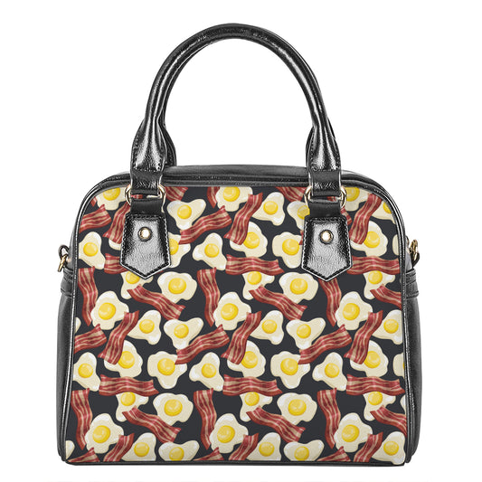 Black Fried Egg And Bacon Pattern Print Shoulder Handbag