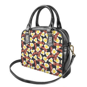 Black Fried Egg And Bacon Pattern Print Shoulder Handbag