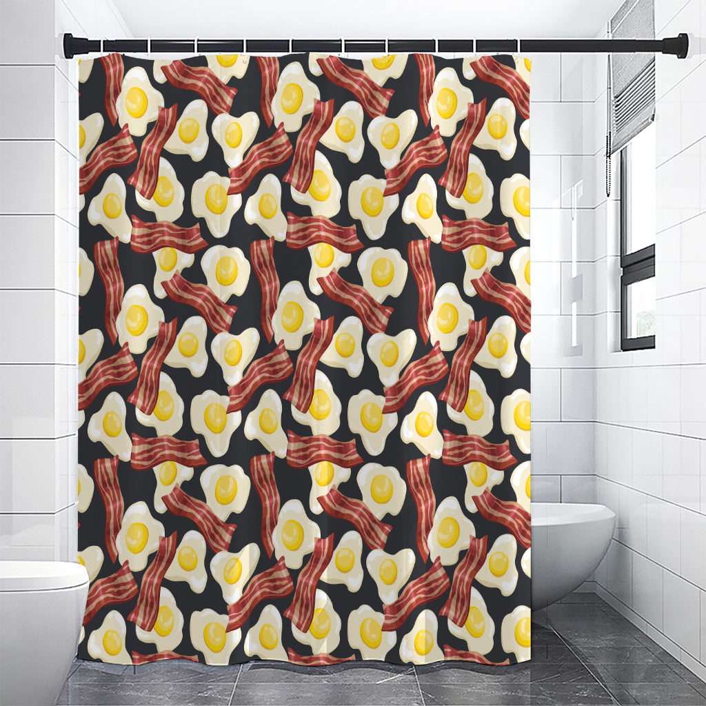 Black Fried Egg And Bacon Pattern Print Shower Curtain