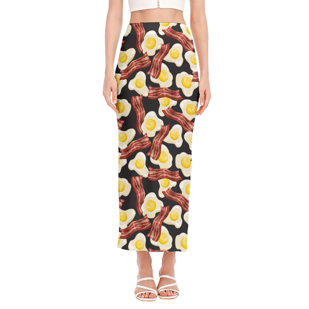 Black Fried Egg And Bacon Pattern Print Side Slit Maxi Skirt