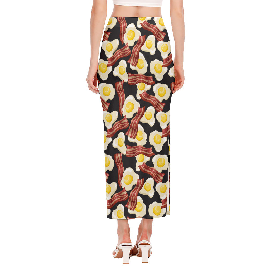 Black Fried Egg And Bacon Pattern Print Side Slit Maxi Skirt